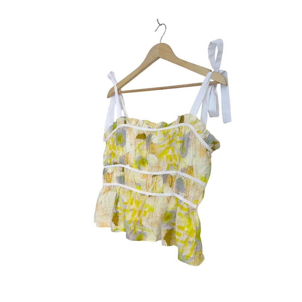 En Saison Torrey Shirred Top Yellow Abstract Tie Strap Peplum Tank Large NWT - Picture 4 of 10